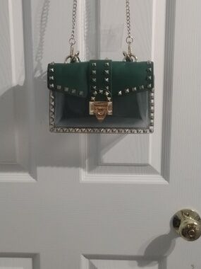 Vintage Green Leather & Clear Crossbody W/Gold Stud Trim & Chain W/ Pouch